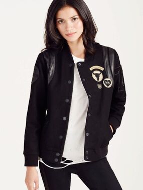 True Religion Black Varsity Jacket with Yellow Patch Accents